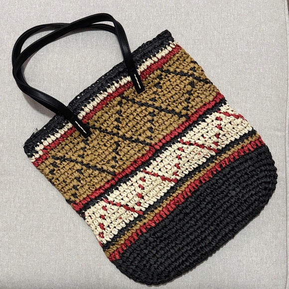 Handbags - NWOT Woven Natural Material Bag-Black/Brown/Red/Cream-Faux Leather Straps-Lined